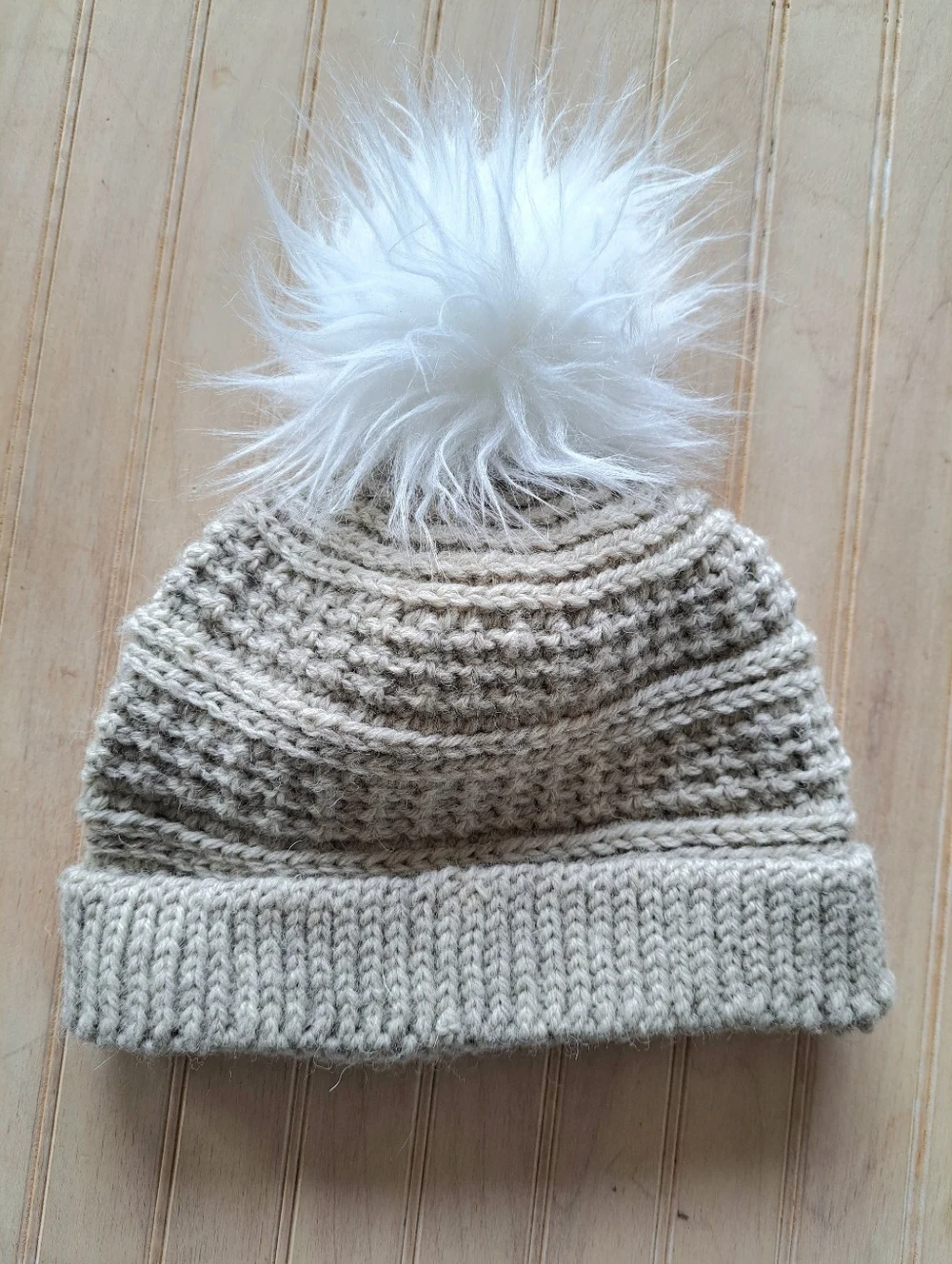Wool Blend Knit Beanie Hat Faux Fur Pom Pom Winter Cozy Neutral Tan Girls